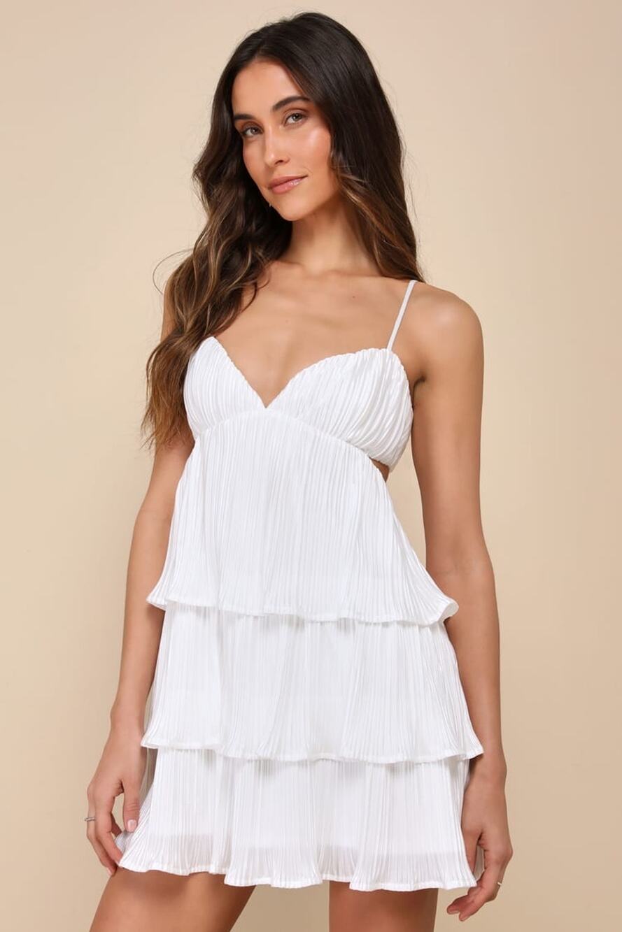 NWT Lulus Sleek Dedication White Satin Plisse Cutout Tiered Mini Dress Size S